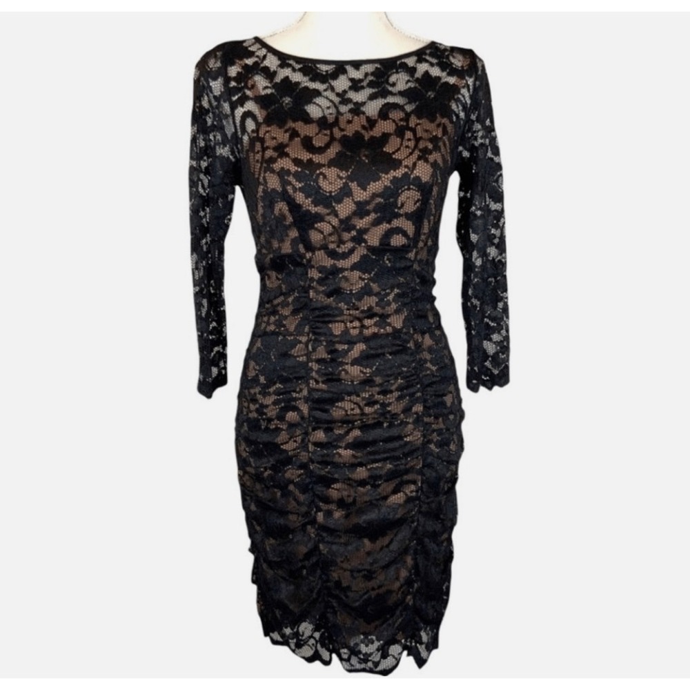 Eliza J Womens Black Floral Lace Goth‎ Ruched Sheath Dress Nude Lining Size 8